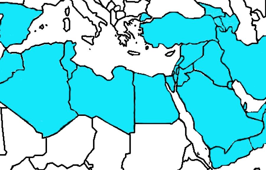 Map of the "Near East" extends from Morocco (and medieval Spain) across North Africa, through Egypt, the Levant (Israel and Palestine, Syria, Lebanon, and Jordan), Turkey and South-West Asia